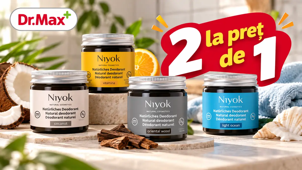Promoție Dr. Max: 2 deodorante naturale Niyok la preț de 1, disponibile în mai multe variante și arome.