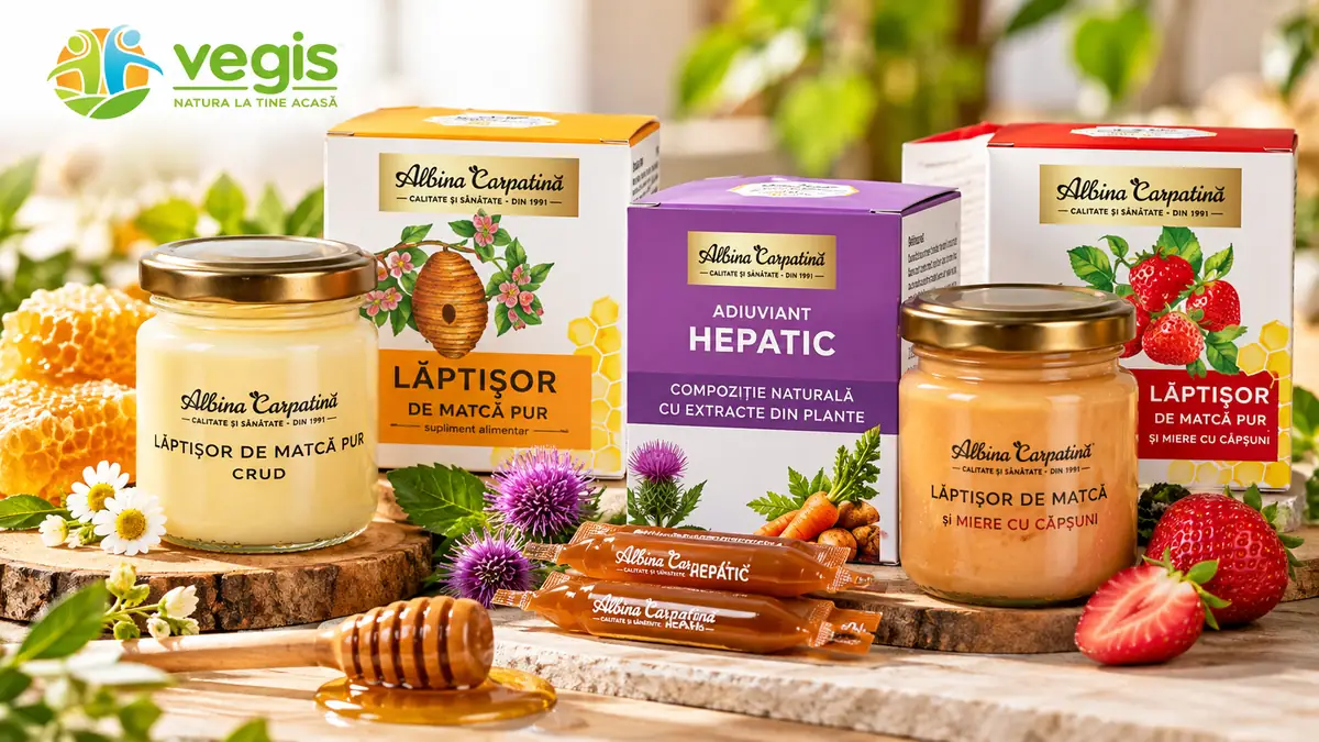 Produse Albina Carpatină de la Vegis, cu lăptișor de matcă, miere și suplimente naturale, prezentate într-un decor luminos.