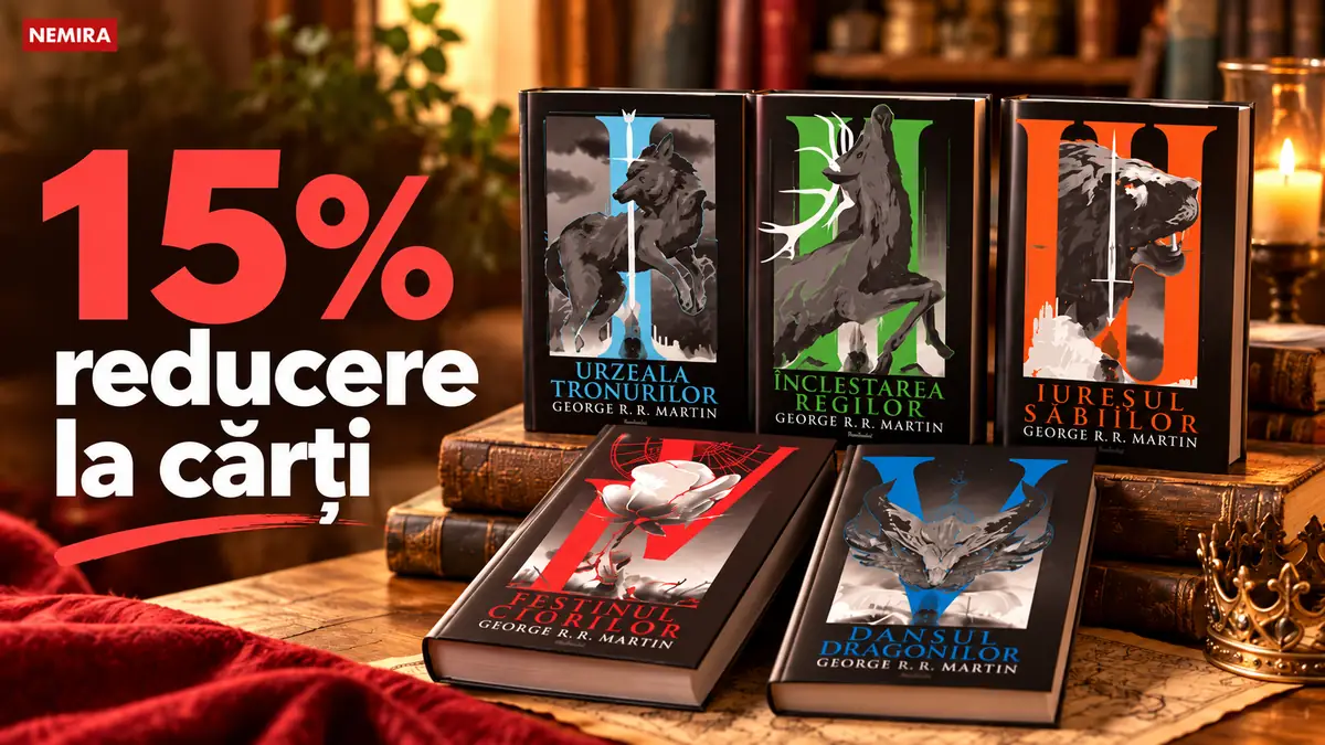 Cărți George R. R. Martin de la Nemira, expuse într-un decor cald de bibliotecă, cu 15% reducere la cărți.