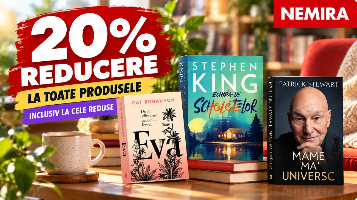 Promoție Nemira cu 20% reducere la toate produsele, inclusiv cele reduse, și trei cărți expuse pe o masă.