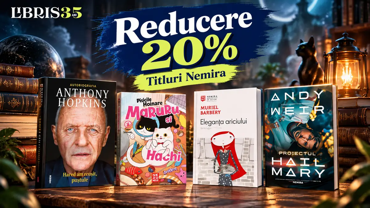 Promo Libris cu 20% reducere la titluri Nemira, ilustrată cu patru cărți din selecție pe un fundal de bibliotecă.