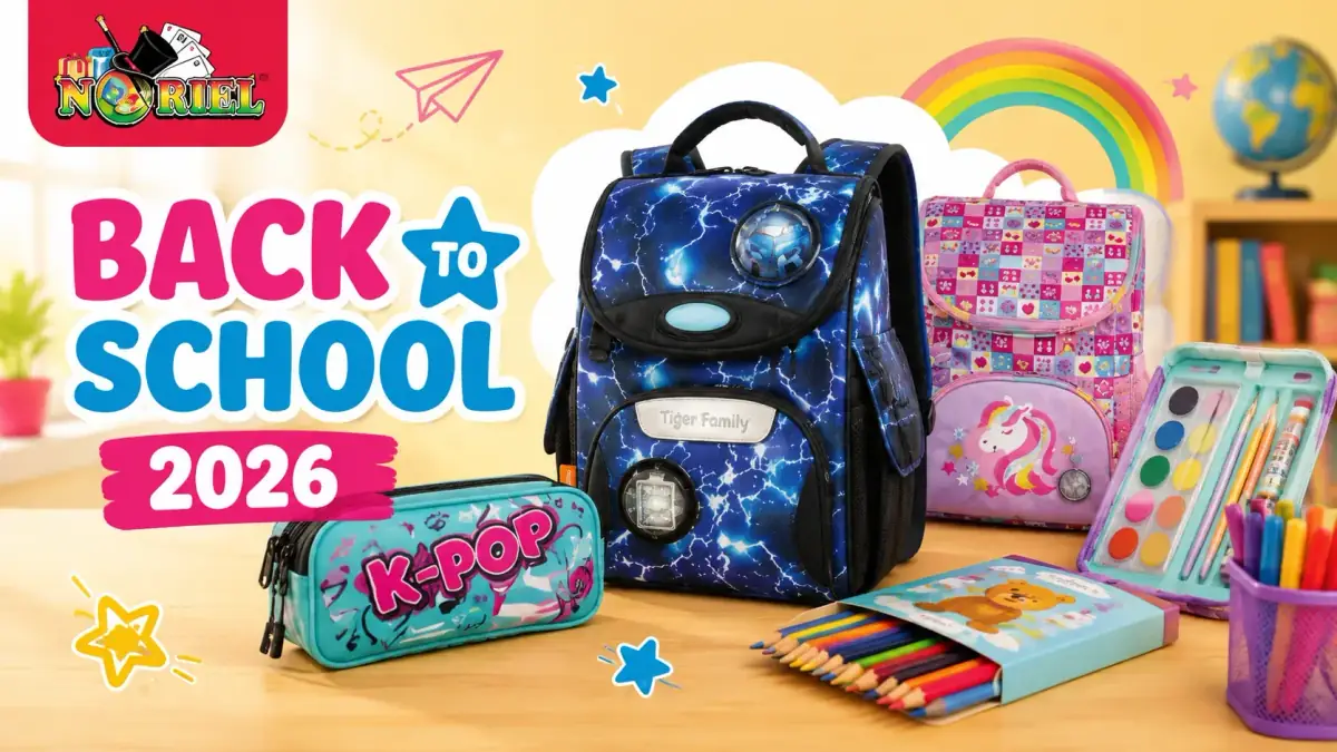 Promoție Noriel Back to School 2026 cu ghiozdane colorate, penar, rechizite și accesorii pentru școală.