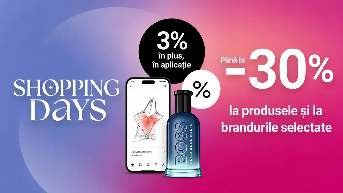 Banner Shopping Days cu parfum BOSS, reducere de până la 30% și 3% în plus în aplicație.