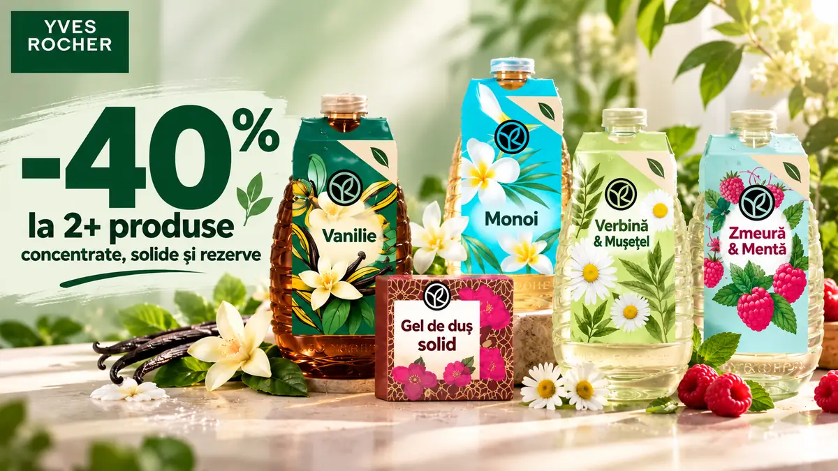 Promoție Yves Rocher cu 40% reducere la minimum 2 produse concentrate, solide și rezerve pentru duș.