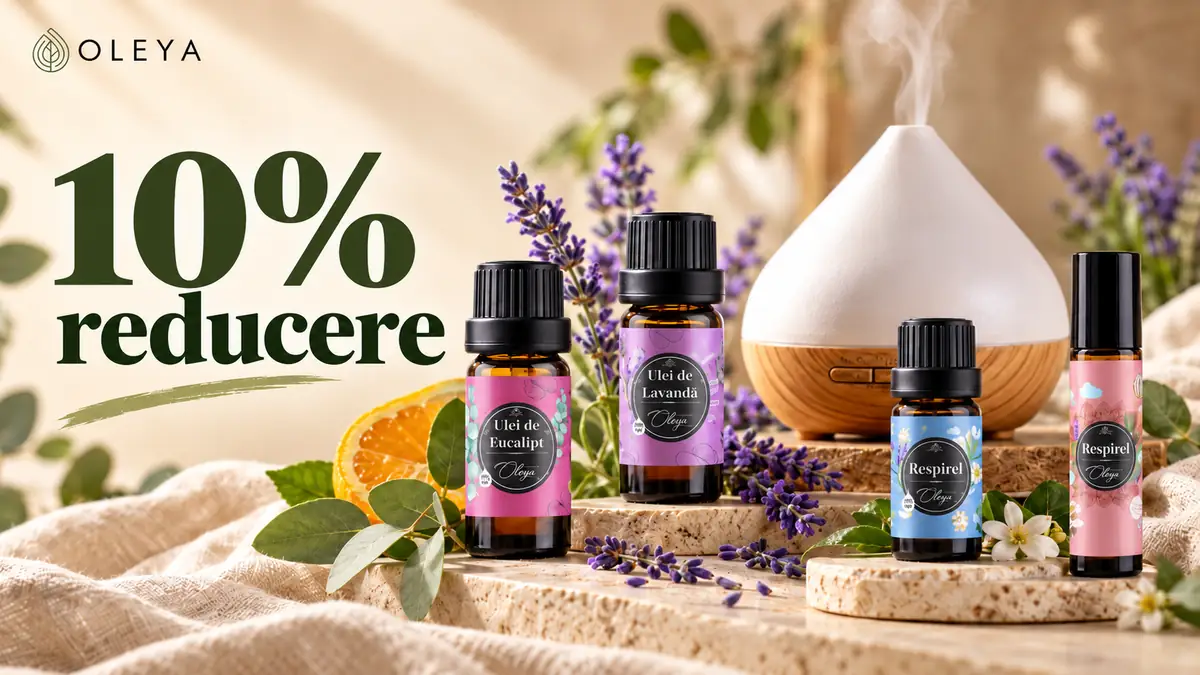 Reducere 10% la Oleya, cu uleiuri esențiale, roll-on și difuzor de aromaterapie, într-un decor natural cu lavandă.