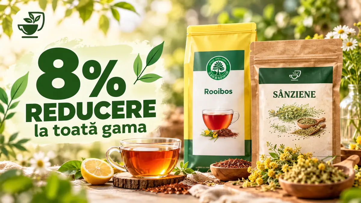 8% reducere la Atelierul de Ceai, cu ceai Rooibos și Sânziene, produse naturale pentru relaxare și stare de bine.