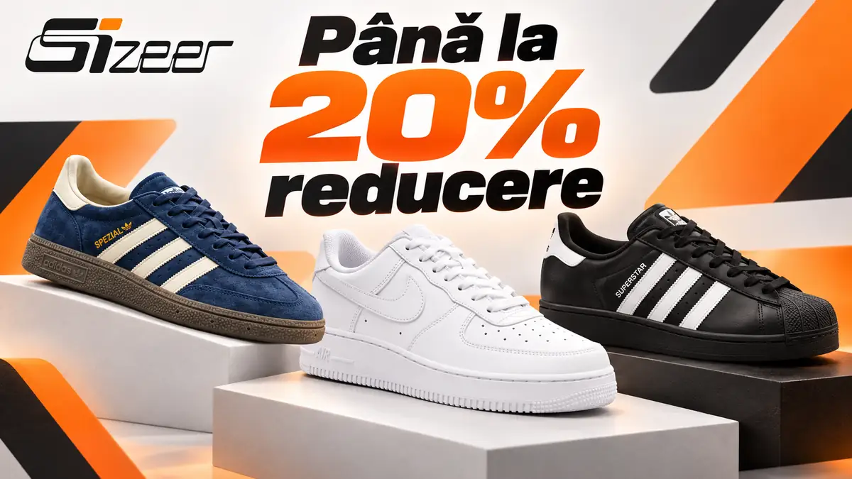 Pantofi sport albaștri, albi și negri, logo Sizeer și mesajul „Până la 20% reducere” pe fundal alb-portocaliu.