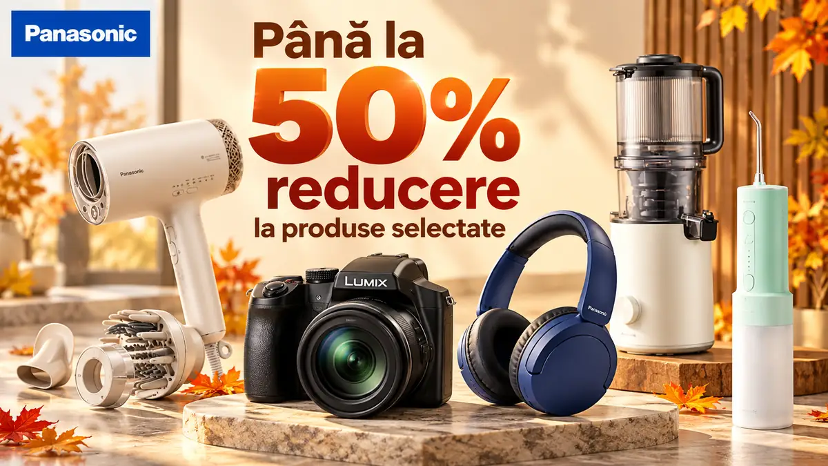 Produse Panasonic selectate: aparat foto Lumix, căști, uscător de păr și electrocasnice, cu reduceri de până la 50%.