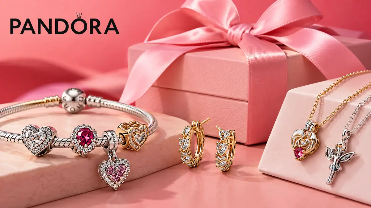 Bijuterii Pandora cu brățară, talismane, coliere și cercei, prezentate într-un decor roz elegant cu cutie cadou.
