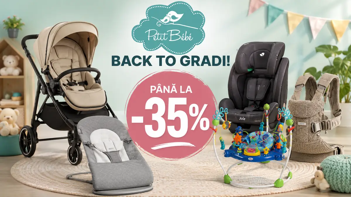 Produse pentru bebe Petit Bébé, inclusiv cărucior, scaun auto și marsupiu, cu reducere de până la 35%.