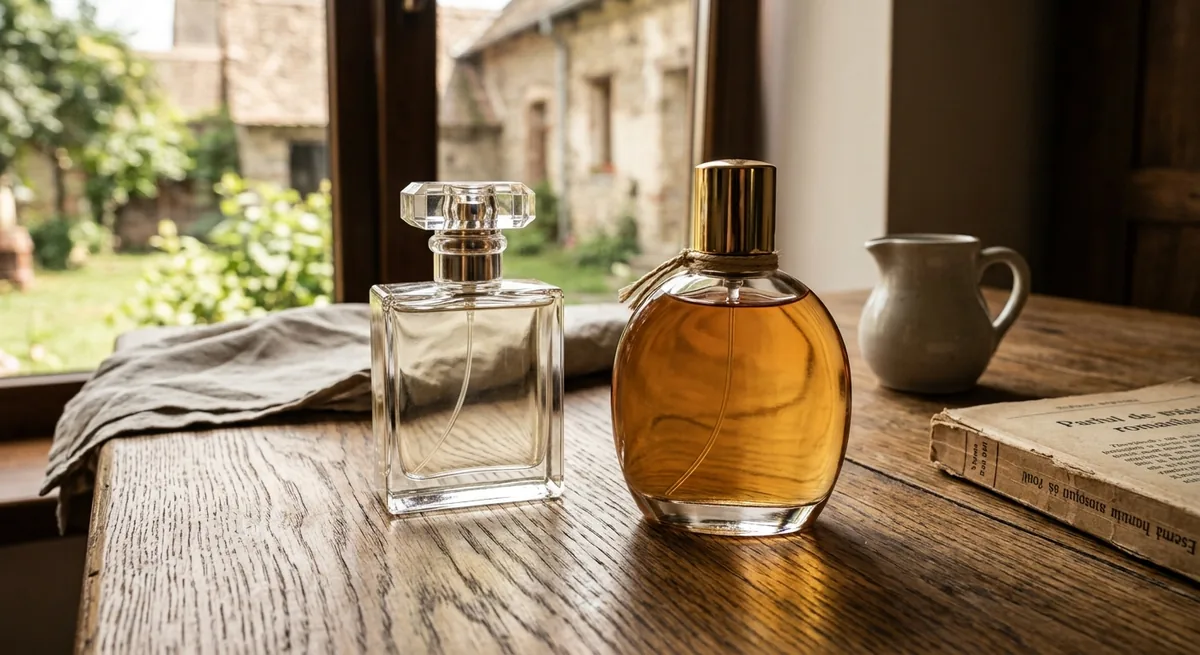 O poza cu doua sticle de parfum fara nume asejate pe o masa de lemn