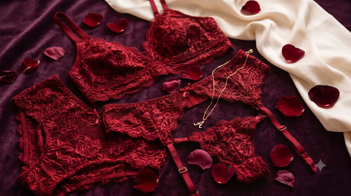 O imagine de tip flat lay romantică, prezentând un set asortat de lenjerie intimă din dantelă roșu intens – format din bustieră, chiloți și portjartier