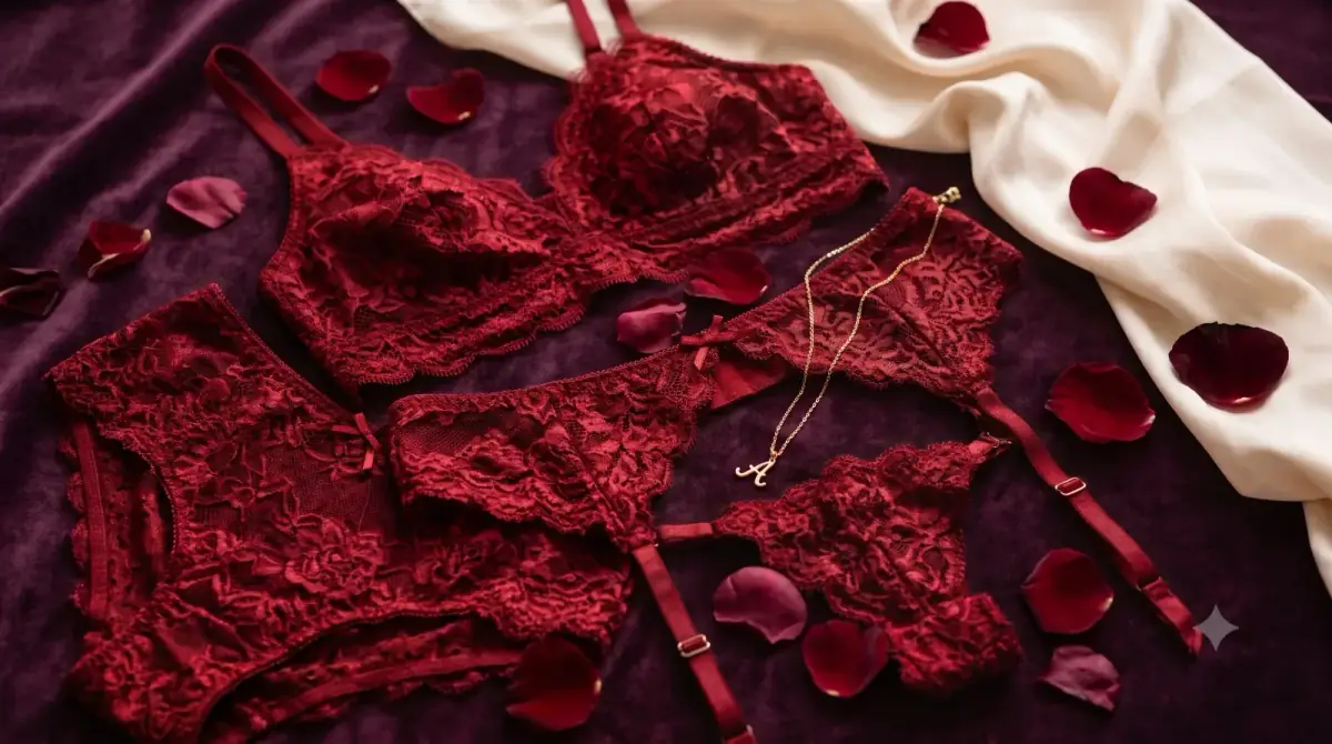 O imagine de tip flat lay romantică, prezentând un set asortat de lenjerie intimă din dantelă roșu intens – format din bustieră, chiloți și portjartier