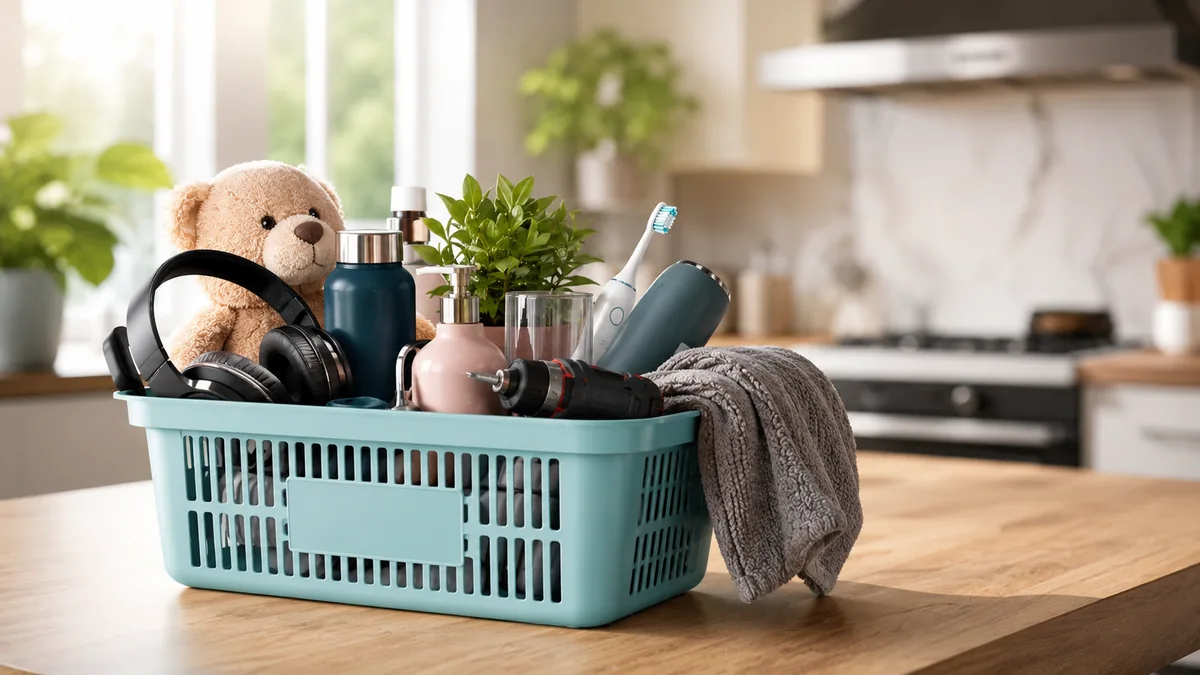 Poza cu un cos de cuparaturi cu diverse produse printre care un ursulet de plus, o pereche de casti , o periuta de dinti electrica plus multe altele
