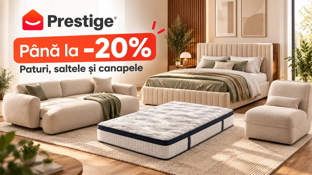 Mobilier Prestige într-un interior modern: canapea, pat, saltea și fotoliu, cu mesaj de reducere până la 20%.