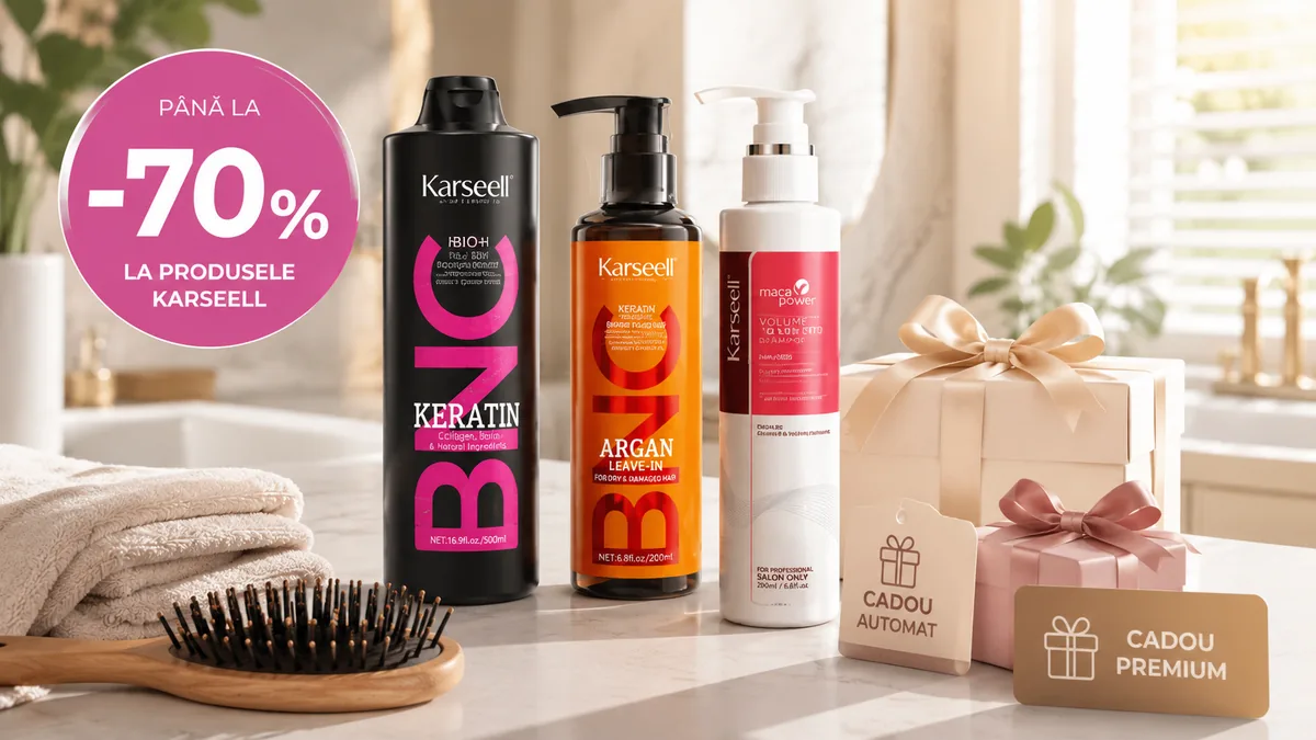 Imagine promoțională cu produse de îngrijire a părului Karseell, reduceri de până la 70%, trei produse expuse central și două cadouri evidențiate pentru comenzi peste 150 lei și 300 lei.