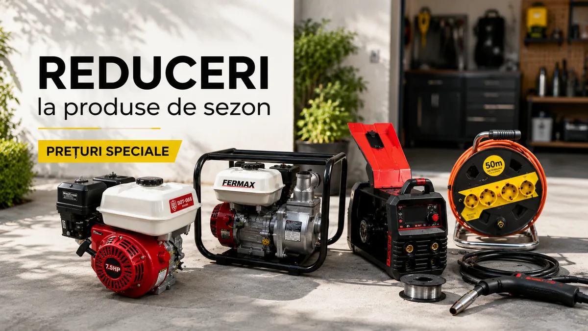 Produse de sezon pentru gospodărie și atelier, inclusiv motor pe benzină, motopompă, aparat de sudură și prelungitor pe tambur, prezentate într-un decor luminos.