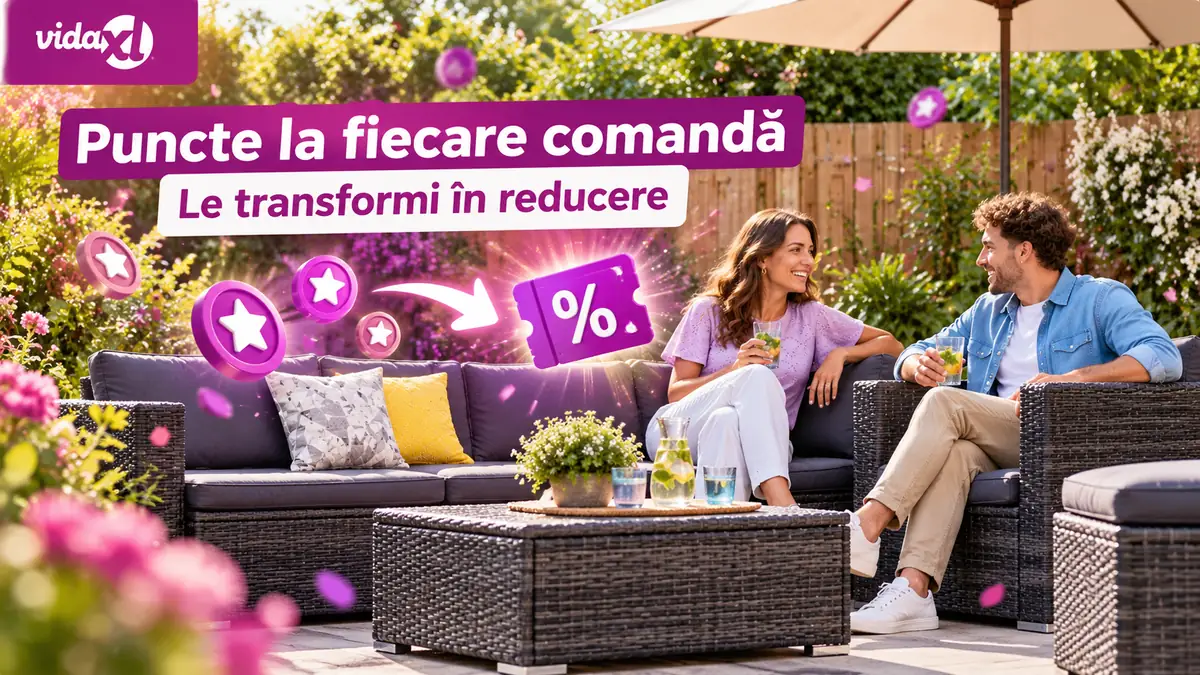 Programul de fidelitate vidaXL: acumulezi puncte la fiecare comandă și le transformi în reduceri la cumpărături viitoare.