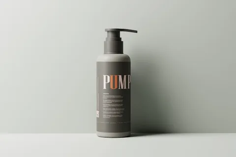 Poza cu un recipient de plastic care are si o pompa in care se pot pune diferite produse cum ar fi sampon, balsam, ulei esential sau altele.
