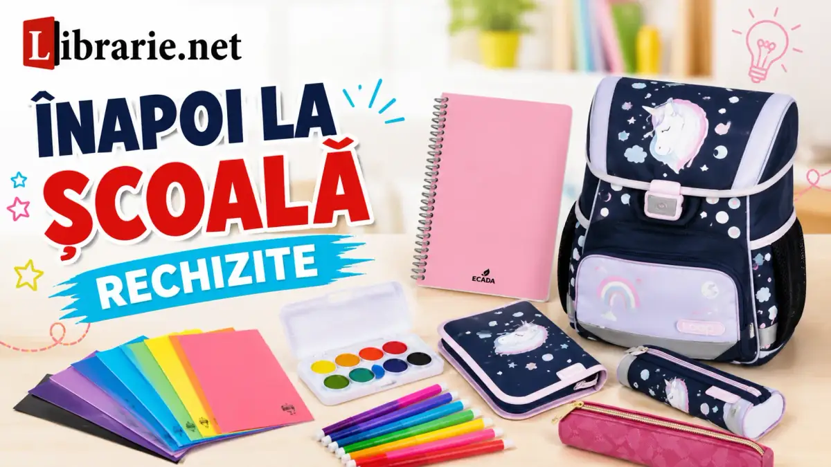 Rechizite școlare colorate Librărie.net, cu ghiozdan unicorn, caiete, acuarele și penare.
