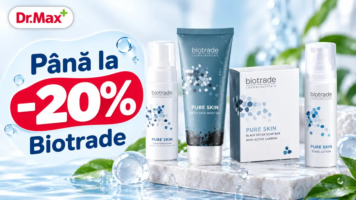 Produse Biotrade Pure Skin pentru îngrijirea tenului, promovate la Dr. Max cu reducere de până la 20%.