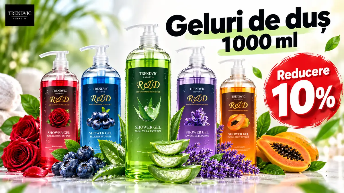 Geluri de duș Trendvic Cosmetic 1000 ml, cu aloe vera, trandafir, afine, lavandă și papaya, la reducere de 10%.