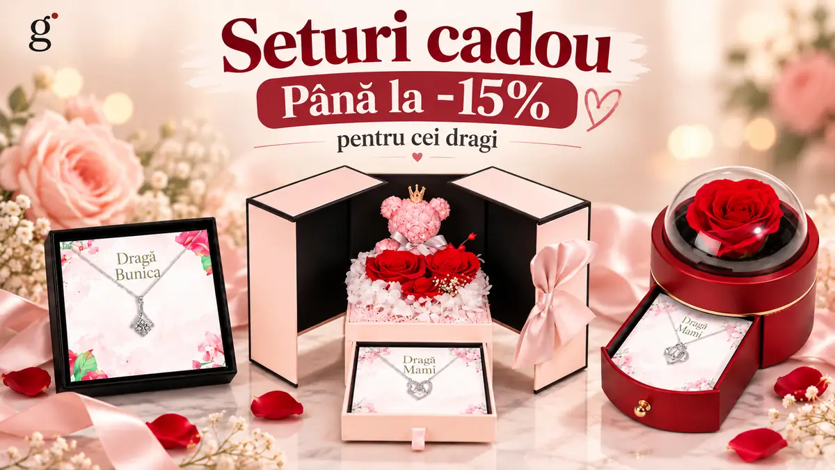 Seturi cadou Giftera cu lănțișoare, trandafiri și cutii elegante, la reduceri de până la 15%.