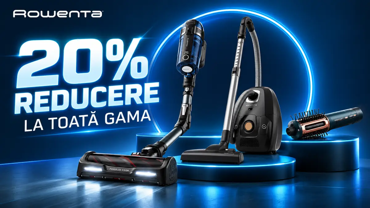 Reducere 20% la toată gama Rowenta, cu aspiratoare și accesorii prezentate într-un decor modern albastru.