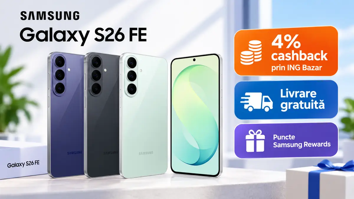 Samsung Galaxy S26 FE în mai multe culori, cu 4% cashback prin ING Bazar și livrare gratuită.
