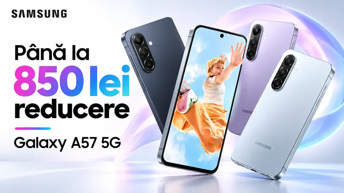 Samsung Galaxy A57 5G în mai multe culori, prezentat într-un decor modern, cu mesajul „Până la 850 lei reducere”.