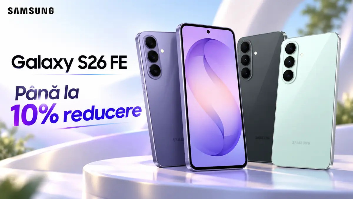 Samsung Galaxy S26 FE în mai multe culori, prezentat într-un decor premium, cu mesajul „Până la 10% reducere”.