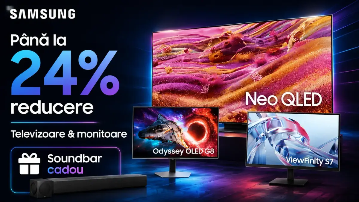 Reduceri Samsung de până la 24% la televizoare și monitoare, cu soundbar cadou la modelele eligibile.