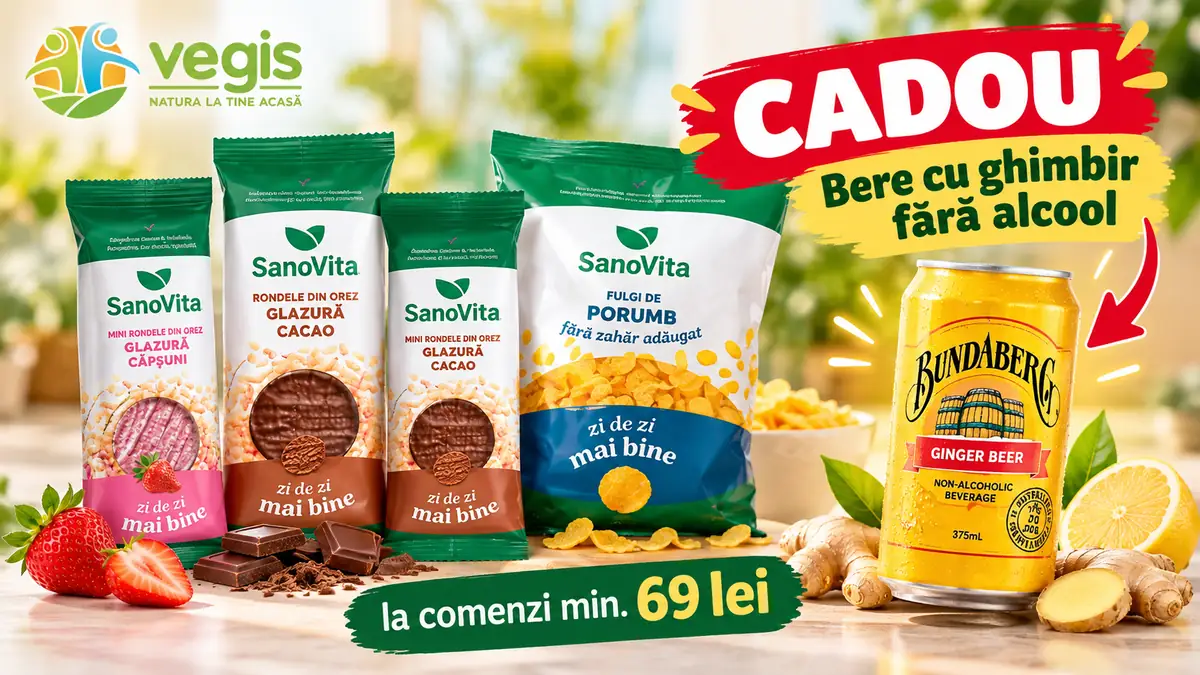 Produse SanoVita și bere cu ghimbir fără alcool cadou la comenzi de minimum 69 lei pe Vegis.