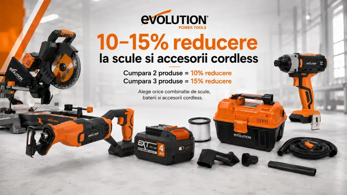 Reduceri de 10–15% la scule și accesorii cordless Evolution, cu fierăstrău, mașină de înșurubat, aspirator, acumulator și accesorii.