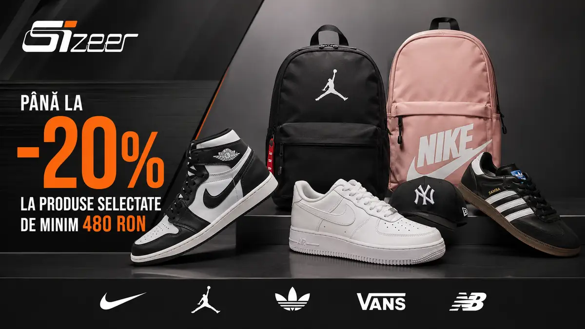 Banner promo Sizeer cu rucsacuri și adidași sport, mesaj -20% la produse selectate pentru minimum 480 RON.