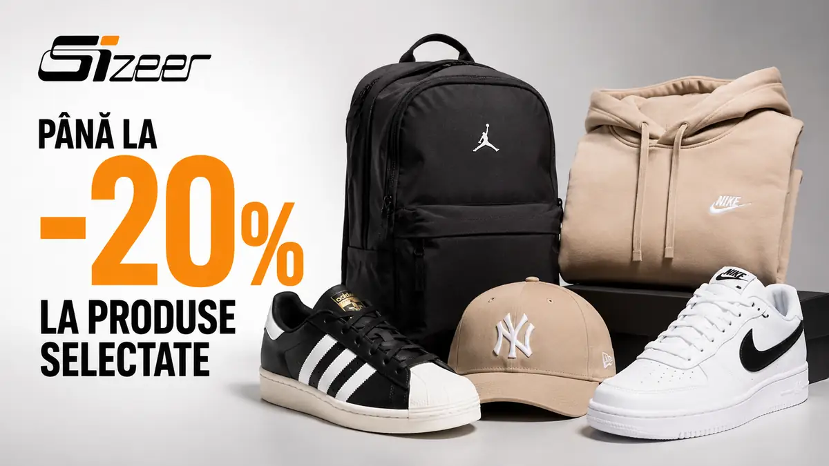 Promoție Sizeer cu sneakers, rucsac și hanorac, evidențiind reducerea de până la -20% la produse selectate.