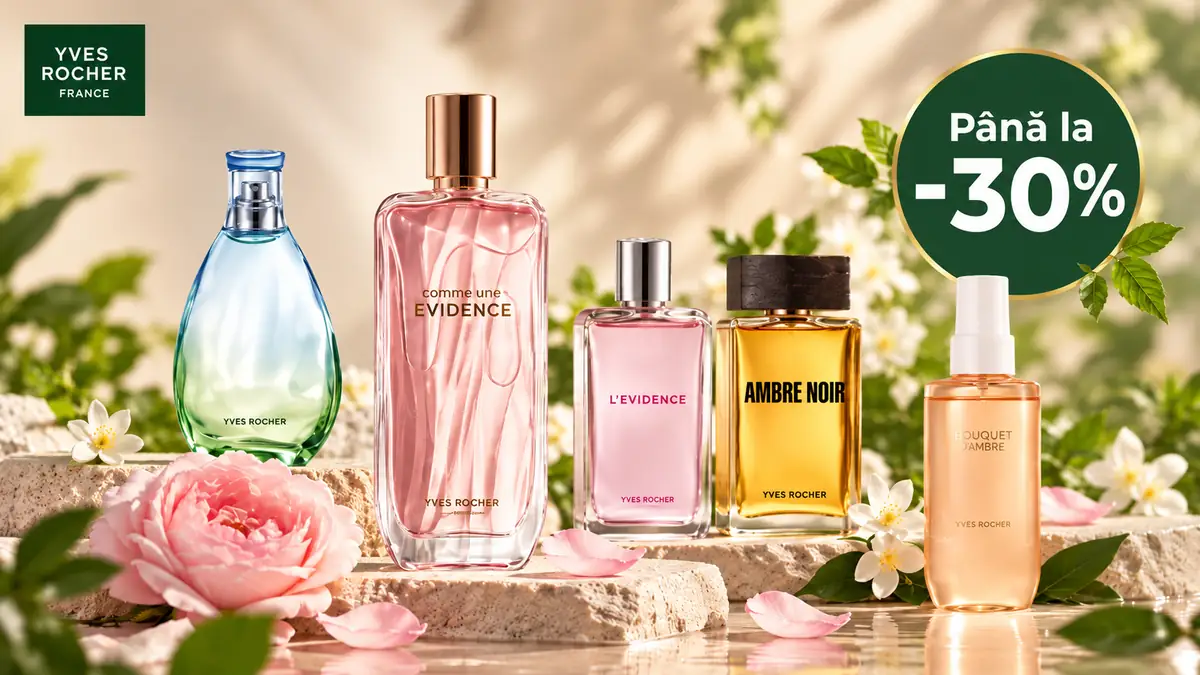 Selecție de parfumuri Yves Rocher, cu până la 30% reducere, prezentate într-un decor floral elegant.