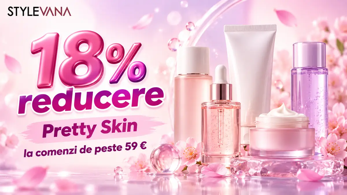 Reducere 18% la produsele Pretty Skin pe Stylevana, pentru comenzi de peste 59 €, cu produse cosmetice pe fundal roz.