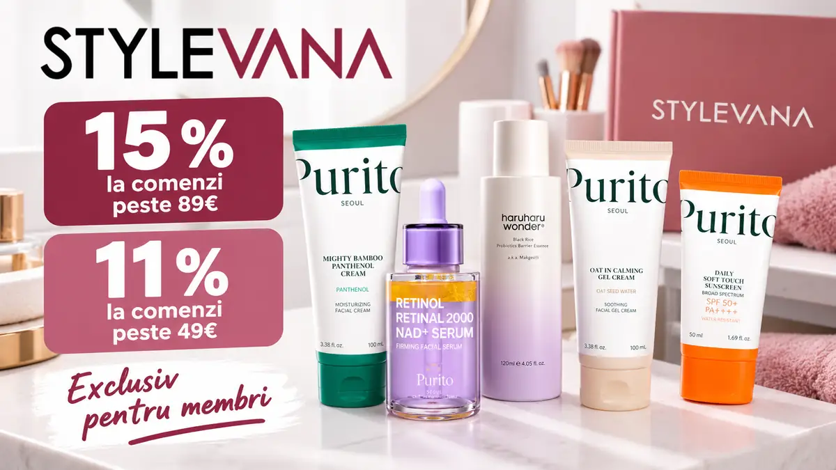 Reduceri membri Stylevana: 15% peste 89€ și 11% peste 49€, alături de produse cosmetice.