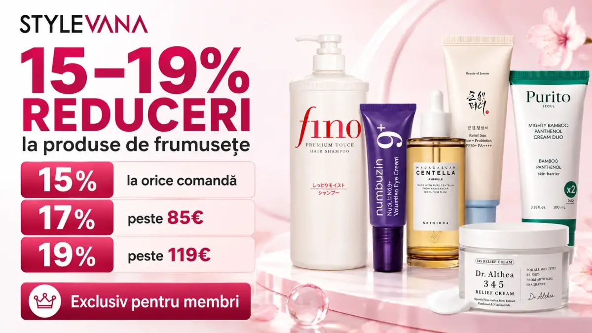 Banner promoțional Stylevana cu reduceri între 15% și 19% la produse de frumusețe, exclusiv pentru membri, alături de o selecție de produse skincare și haircare populare.