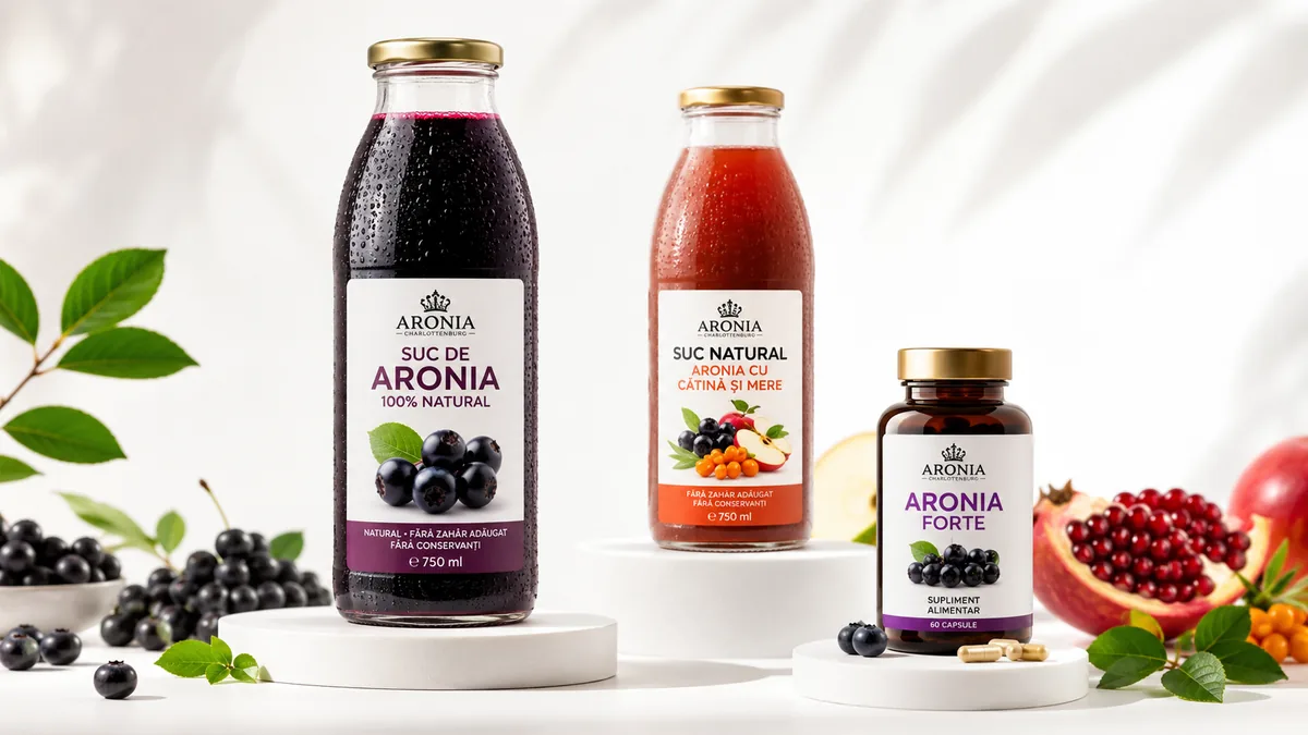 Suc de aronia, sucuri naturale și suplimente alimentare premium, ideale pentru un stil de viață sănătos la ofertă.