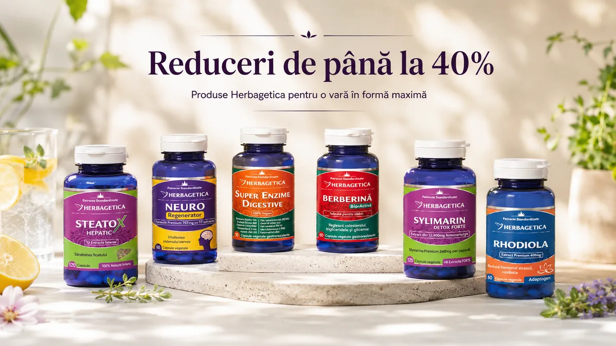 Reduceri de până la 40% la produsele Herbagetica, cu suplimente pentru ficat, digestie, sistem nervos și detoxifiere, prezentate într-un cadru luminos de vară.