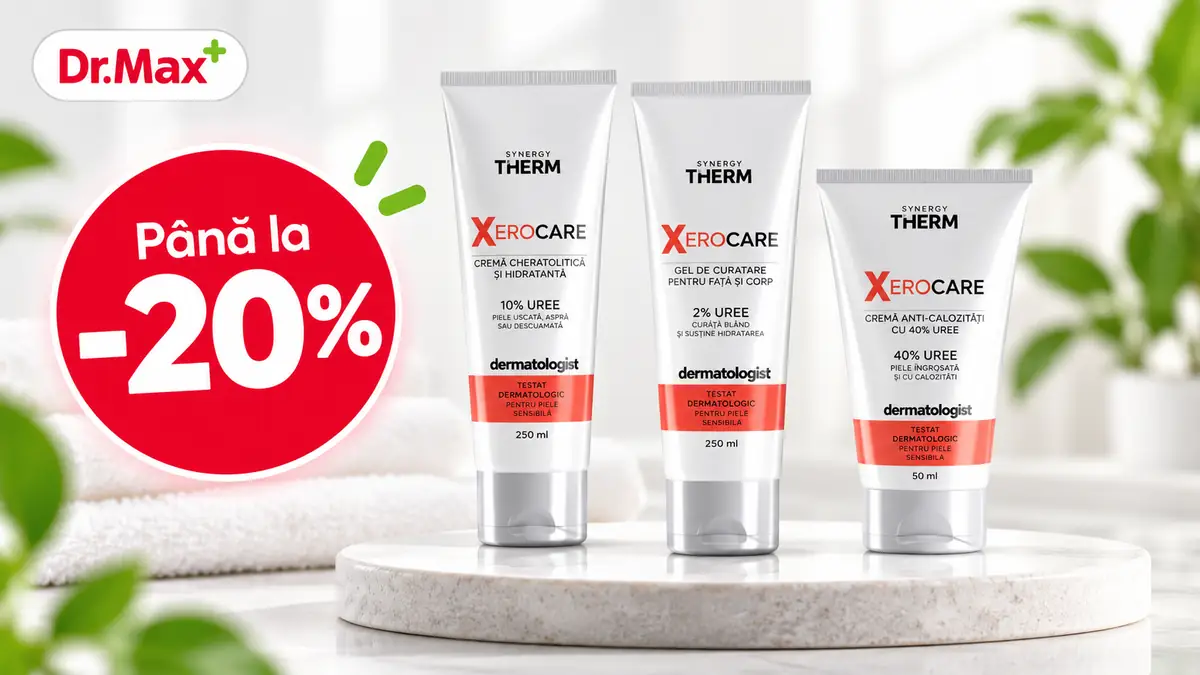 Produse Synergy Therm Xerocare de la Dr. Max, prezentate alături de mesajul „Până la -20% reducere”.