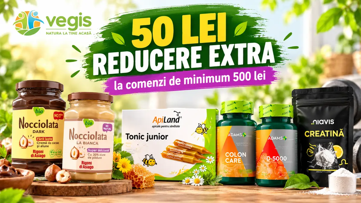 Promoție Vegis cu 50 lei reducere extra la comenzi de minimum 500 lei, pentru produse alimentare și suplimente.