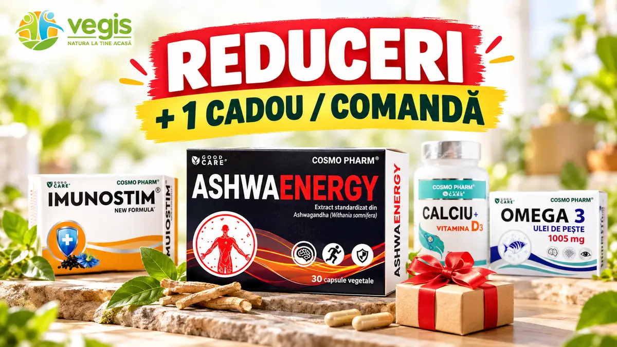 Reduceri la suplimente Cosmo Pharm la Vegis, cu Ashwaenergy 30 capsule și un cadou inclus la fiecare comandă.