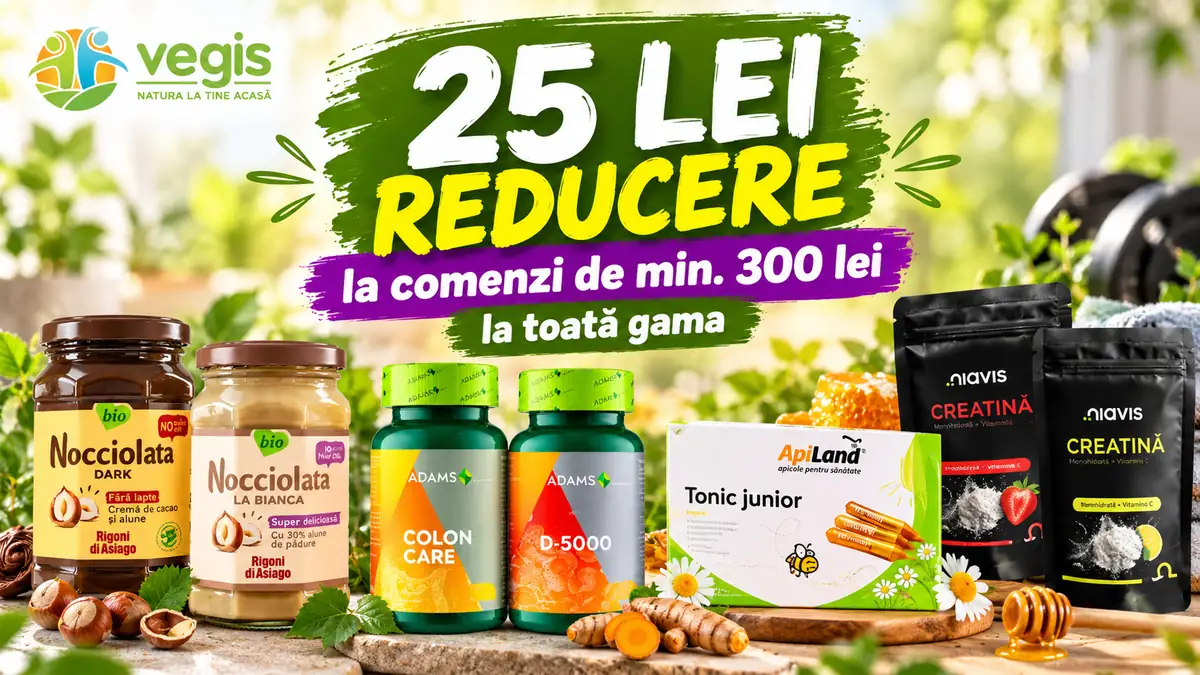 Promoție Vegis cu 25 lei reducere la comenzi de minimum 300 lei, pentru produse alimentare și suplimente.