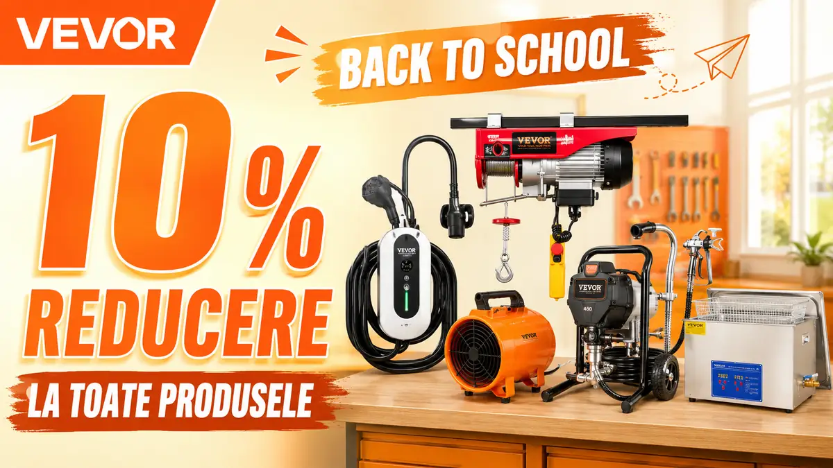 Banner VEVOR Back to School cu 10% reducere și selecție de scule și echipamente profesionale.