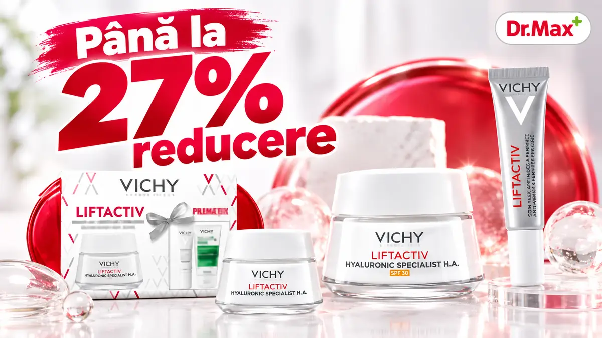 Produse Vichy Liftactiv pentru îngrijirea tenului, promovate la Dr. Max cu până la 27% reducere.