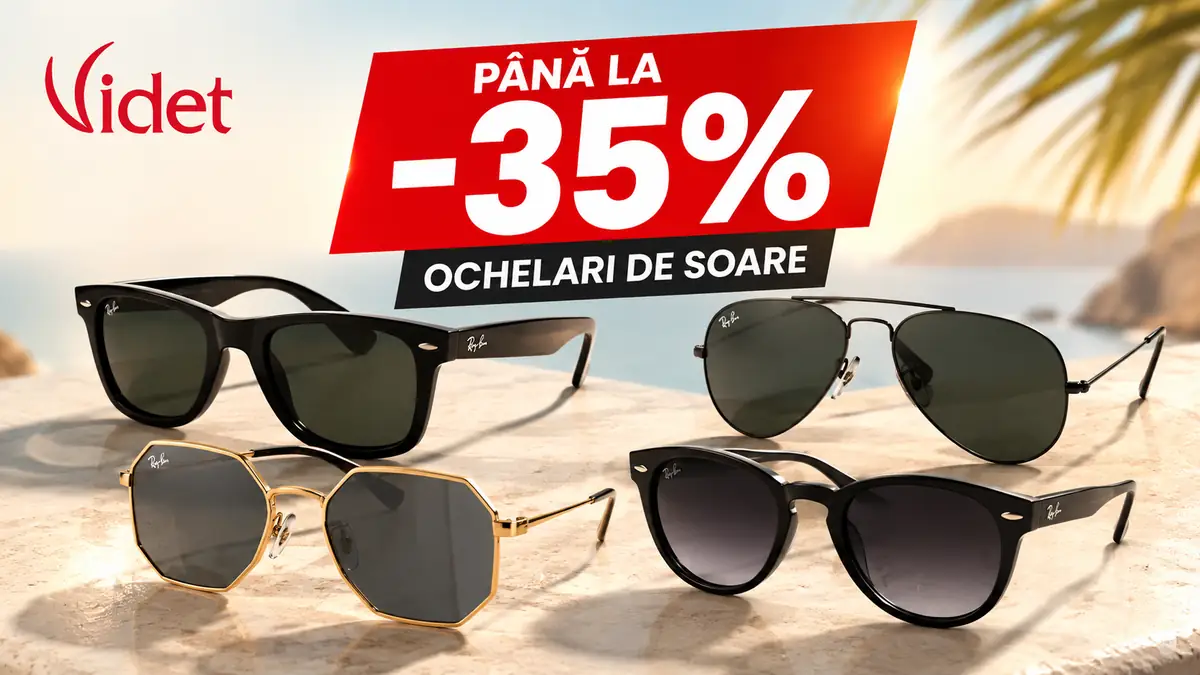 Ochelari de soare Videt expuși pe fundal de vară, cu mesaj promoțional „Până la -35%”.