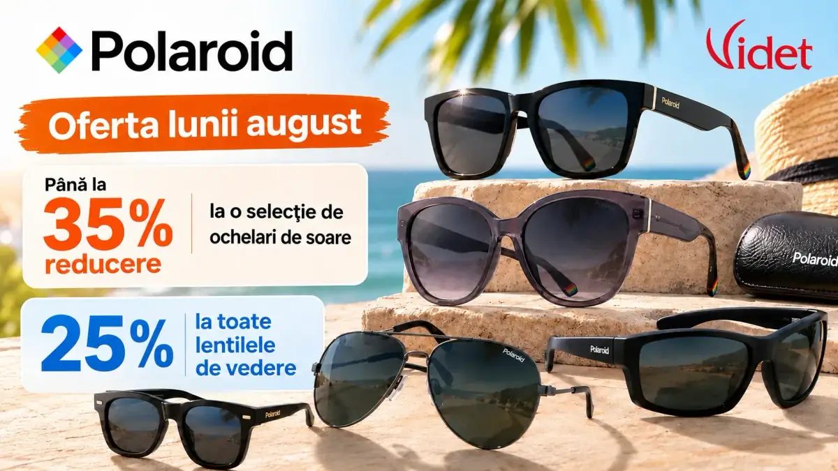 „Ochelari de soare Polaroid în promoția lunii august, cu până la 35% reducere la modelele selectate și 25% reducere la toate lentilele de vedere.”